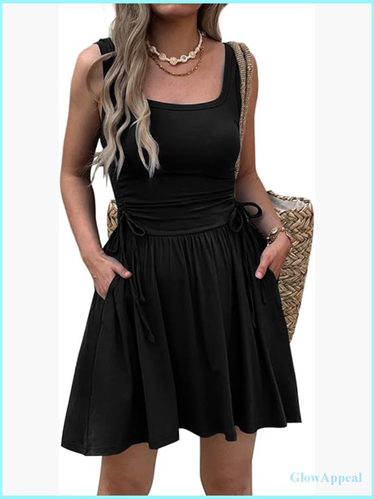 Sleeveless Mini Dress With Pockets Adjustable Drawstring Waist Tie Casual
